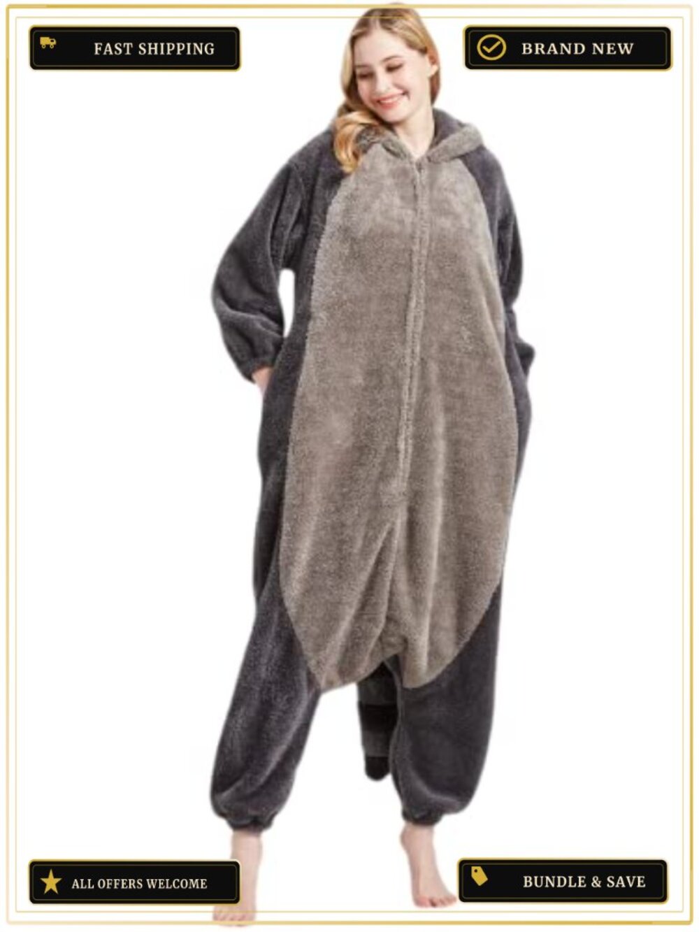 Adult Raccoon Onesie Polar Fleece Hooded One-Piece Pajama Cosplay Halloween - Picture 3 of 6
